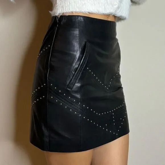 NWT Anine Bing Lamb Leather Mini Black Skirt Studded Size XS - Picture 3 of 14